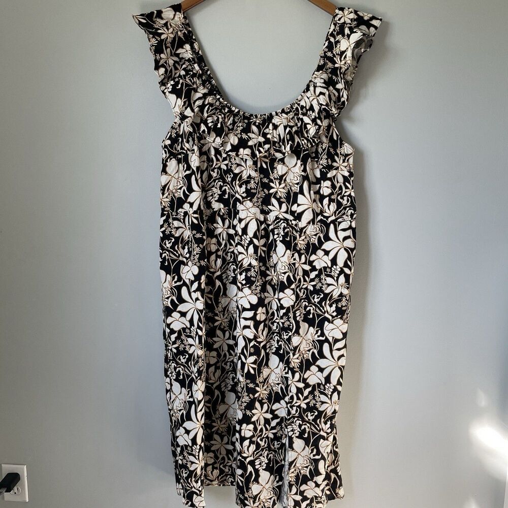 AVA & VIV Linen Blend Floral Print Midi Dress Black Cream Women's Size 2X